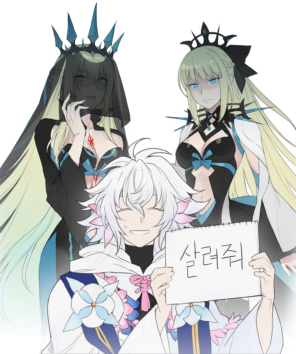 1boy, 2girls, black_bow, black_tiara, blue_eyes, bow, braid, closed_eyes