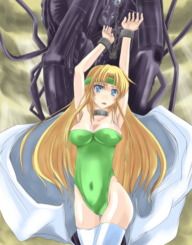 1990s_(style), 1girl, armpits, arms_up, bare_arms, bdsm, blonde_hair, blue_eyes, blush, bondage, bound, breasts, cape, celes_chere, chain, cleavage, covered_navel, cuffs, female_focus, final_fantasy, final_fantasy_vi, green_leotard, headband, jewelry, large_breasts, leotard, long_hair, looking_at_viewer, neck_ring, open_mouth, retro_artstyle, shackles, shou69, solo, standing, strapless, strapless_leotard, t_shatsu, thighhighs, white_thighhighs