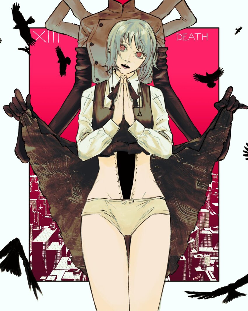 2girls, bird, black_dress, black_gloves, chainsaw_man, chef, clothes_lift, collared_shirt