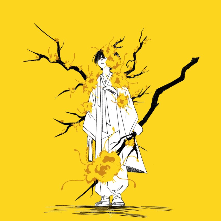 1boy, baggy_pants, black_hair, branch, commentary, e.g.o_(project_moon), english_commentary, flower