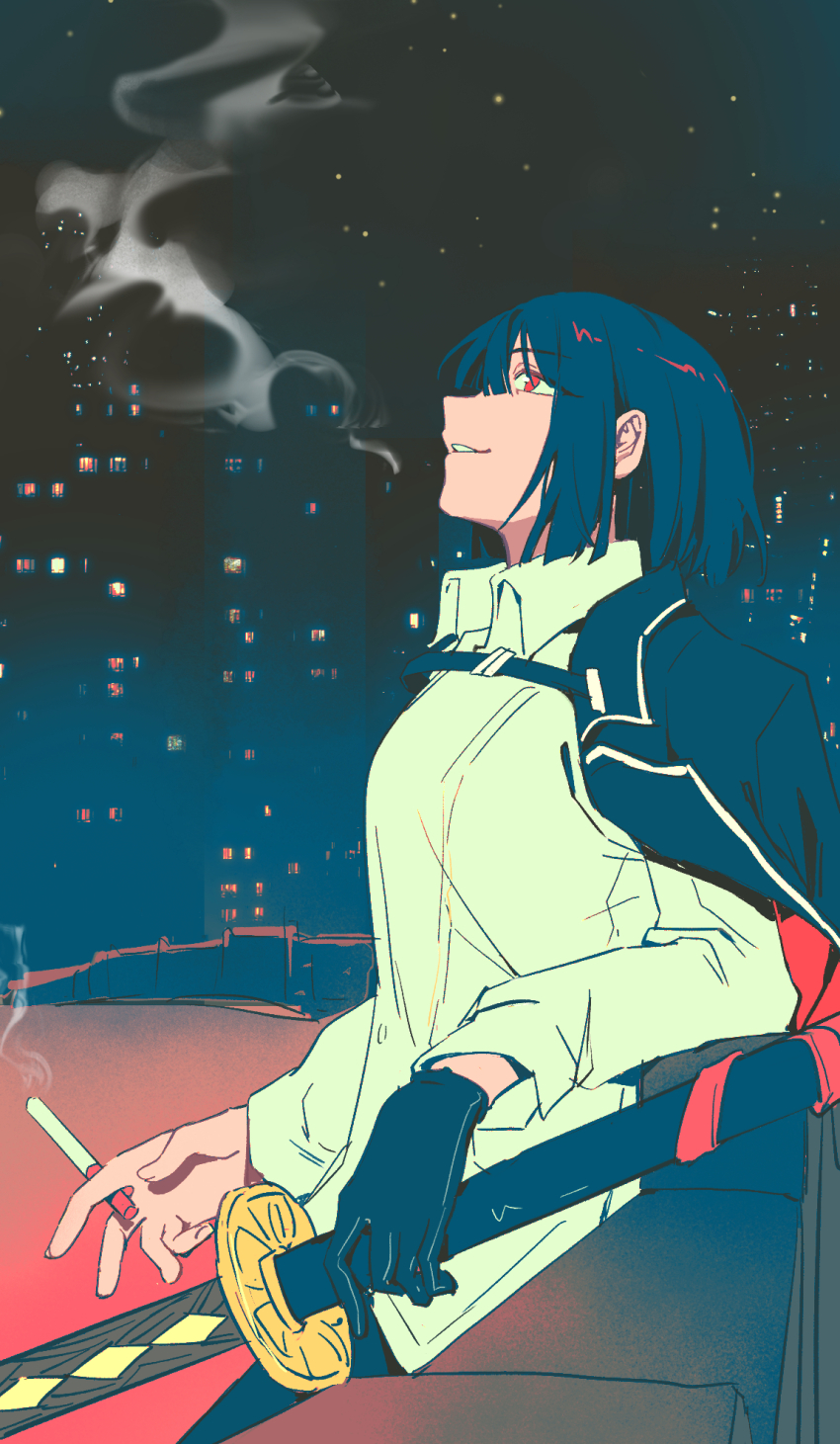 1girl, black_coat, black_gloves, black_hair, bob_cut, cigarette, cityscape, coat