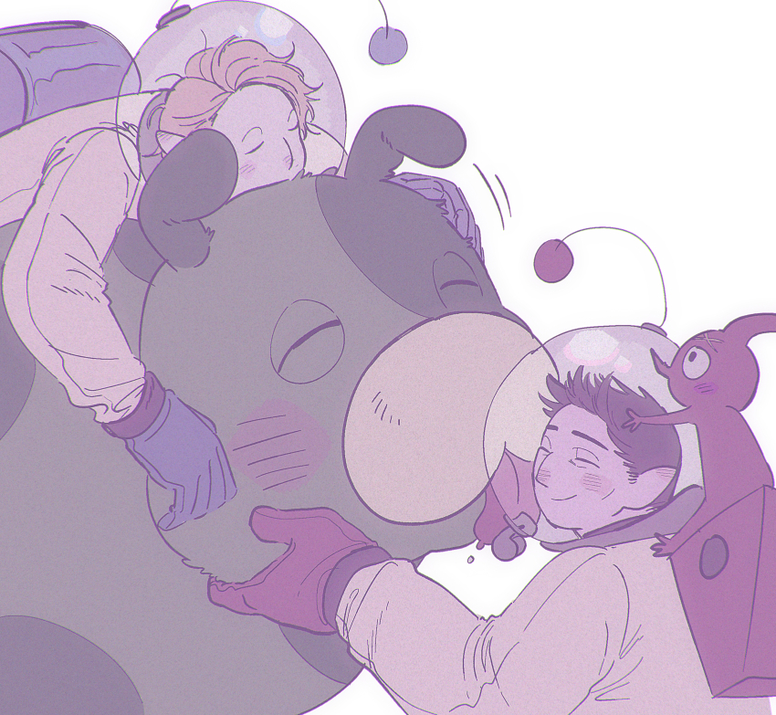 2boys, animal, animal_hug, backpack, bag, blonde_hair, blue_bag, blue_gloves