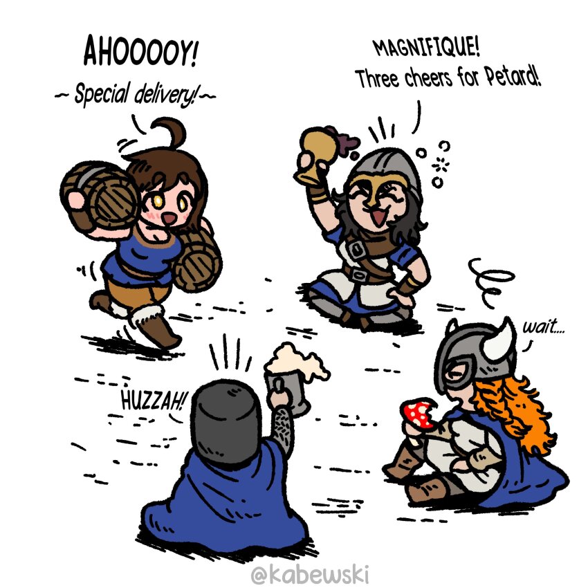 4girls, absurdres, age_of_empires_(series), age_of_empires_ii, ahoge, barrel, berserker_(age_of_empires_ii), boots
