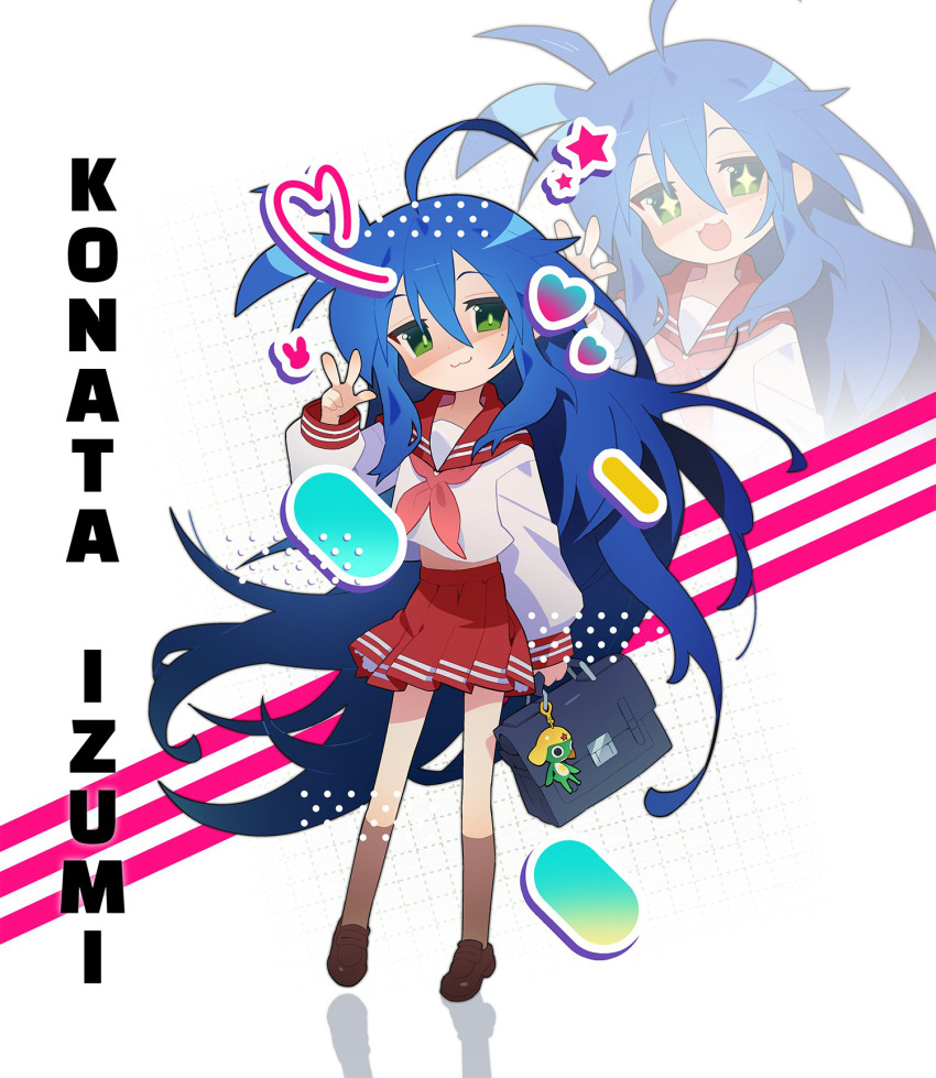 +_+, 1girl, :3, ahoge, ben-day_dots, blue_hair, briefcase, brown_shoes, brown_socks, character_charm, character_name, charm_(object), different_zoom_layer, heart, highres, izumi_konata, keroro, long_hair, lucky_star, midriff_peek, picklehaterx_x, pink_star, rabbit_symbol, ryouou_school_uniform, school_briefcase, school_uniform, screentones, shadow, shoes, socks, star_(symbol), w, white_background