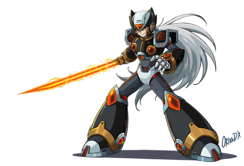 1boy, absurdres, android, armor, artist_name, black_armor, black_helmet, chest_jewel