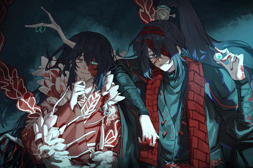 2boys, absurdres, antler_ring, antlers, arm_wrap, bandage_over_one_eye, black_eyes, black_hair