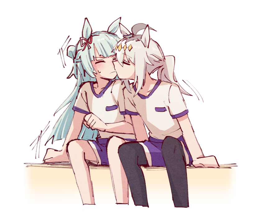 2girls, alonemistrist, animal_ears, black_thighhighs, blue_hair, blush, breast_pocket, closed_eyes