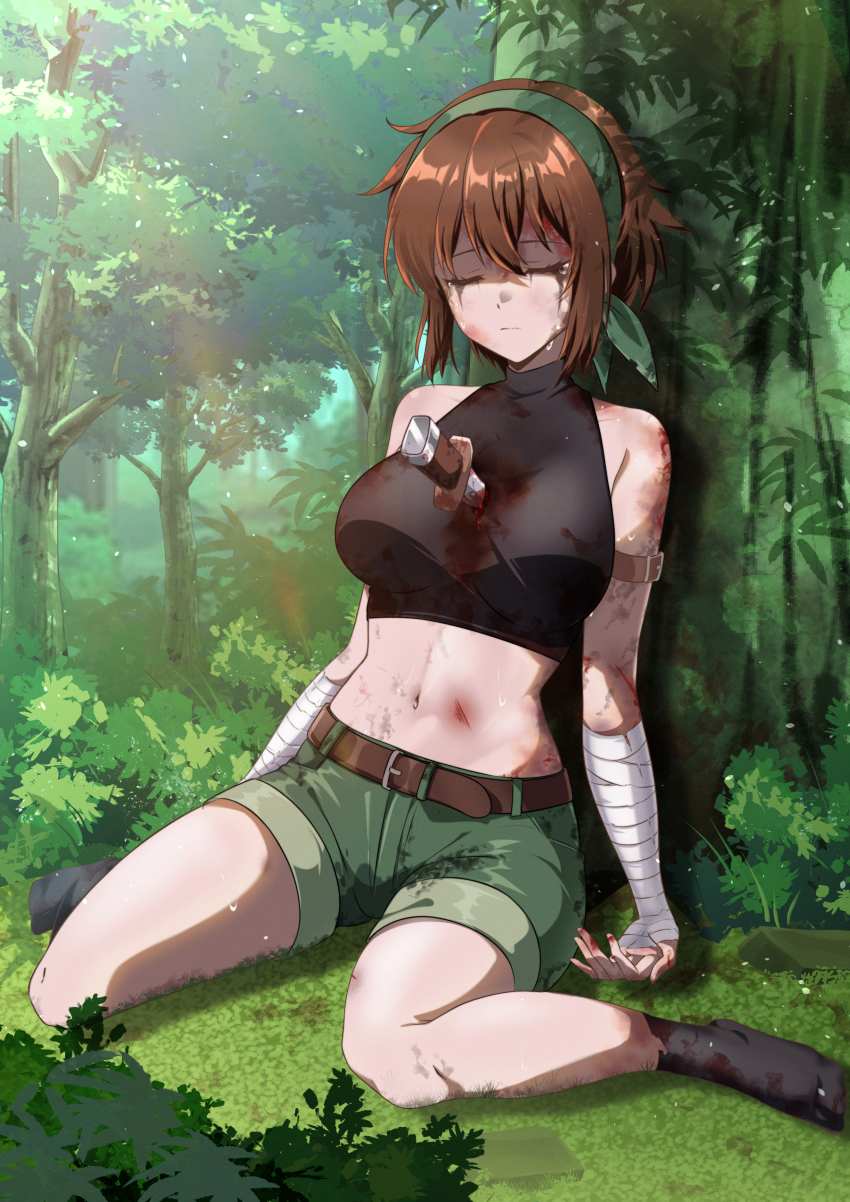 1girl, absurdres, bandaged_arm, bandages, bandit_(tales_of_destiny_2), black_socks, black_sports_bra, blood