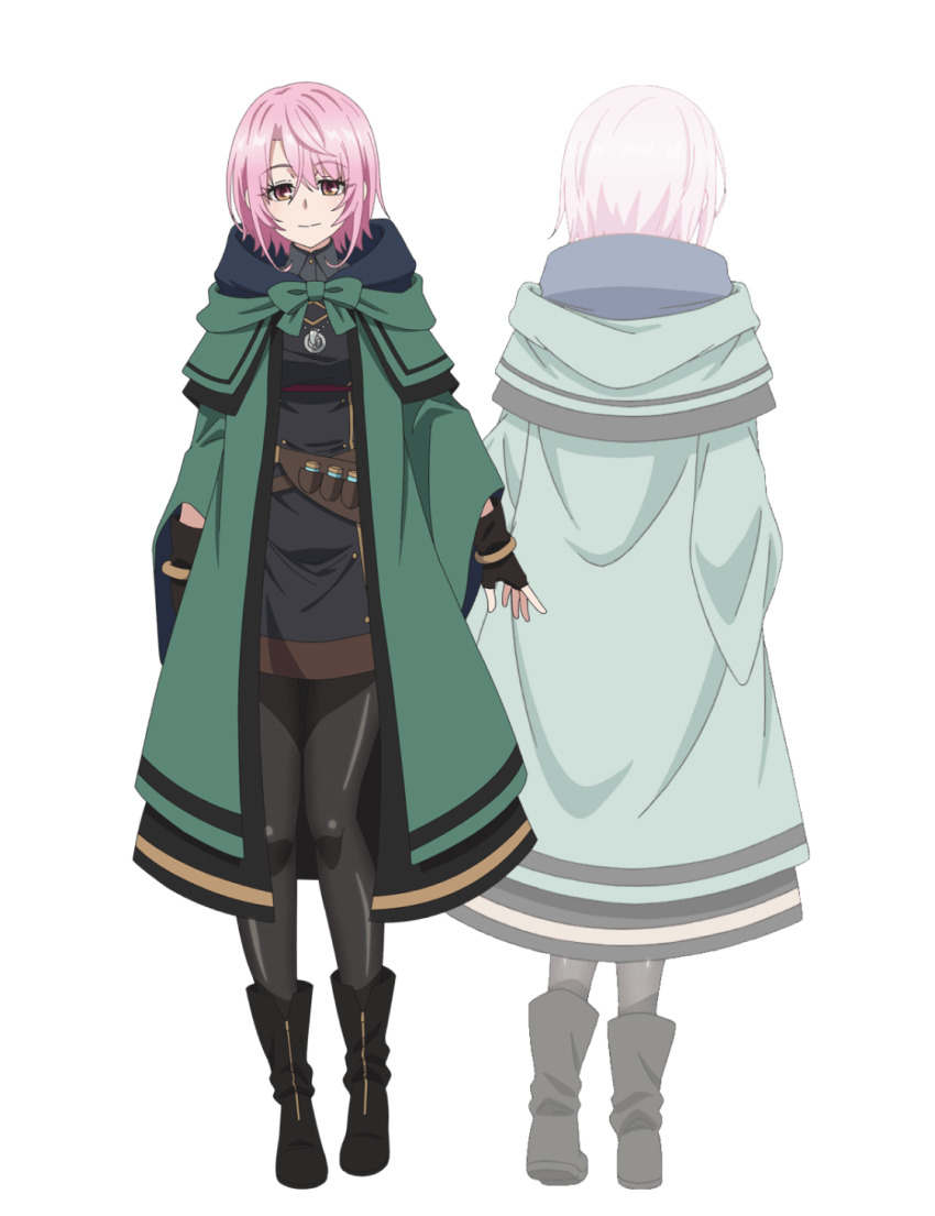 2girls, anime_coloring, back, black_boots, black_dress, black_pantyhose, blush, boots