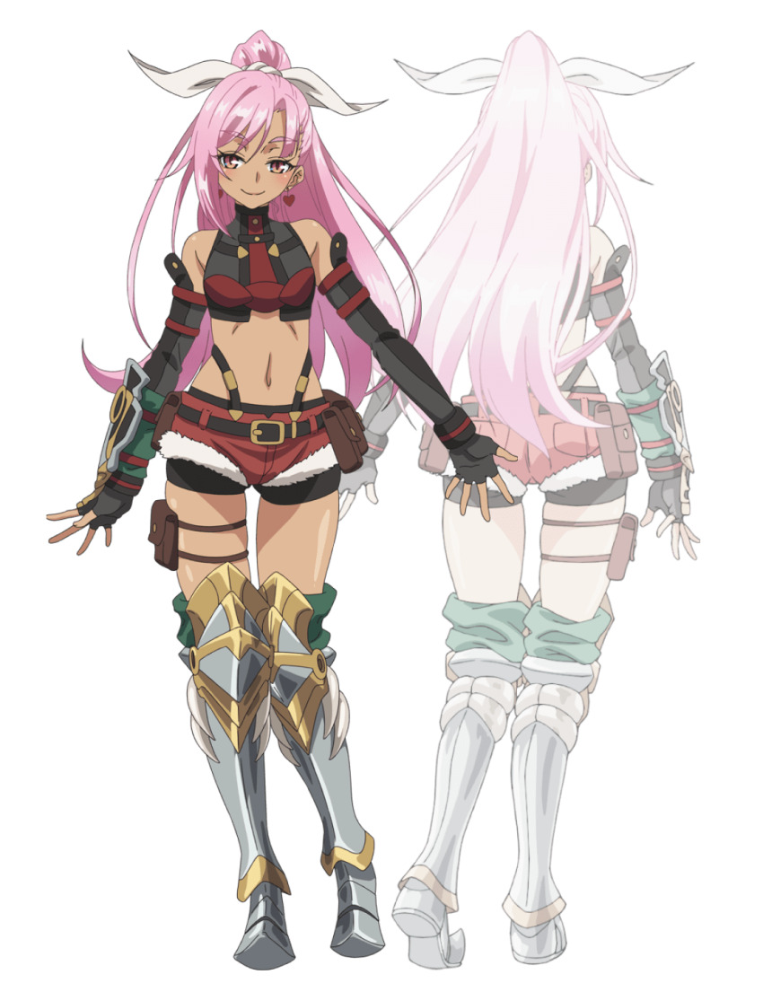 2girls, anime_coloring, armor, back, bare_shoulders, belt, belt_pouch, bike_shorts, bike_shorts_under_shorts, black_belt, black_gloves, blush, bound, bound_thighs, breasts, dark_skin, earrings, elbow_gloves, fingerless_gloves, full_body, gloves, greaves, green_socks, hair_ribbon, half-closed_eyes, heart, heart_earrings, highres, isouchi_yuusuke, jewelry, lips, liz_smart, long_hair, looking_at_viewer, multiple_girls, multiple_views, nageki_no_bourei_wa_intaishitai, navel, official_art, open_hands, outstretched_arm, pink_hair, ponytail, pouch, red_shorts, ribbon, short_shorts, shorts, simple_background, smile, socks, spread_fingers, standing, thigh_pouch, transparent_background, very_long_hair, white_ribbon