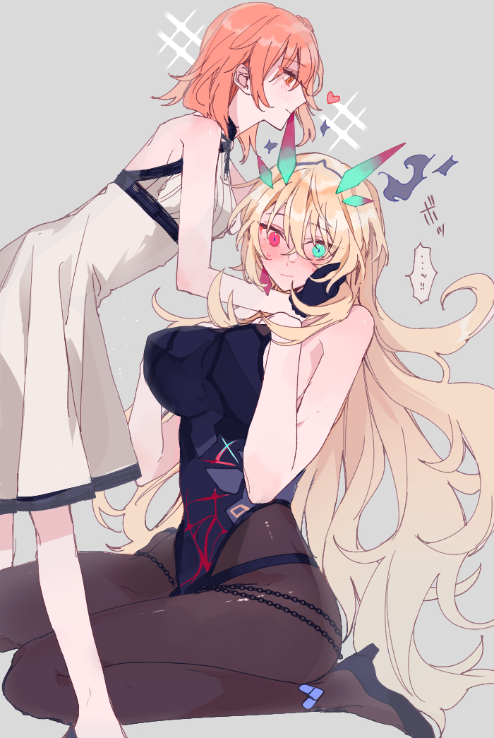 2girls, aqua_eyes, bare_shoulders, barghest_(fate), barghest_(second_ascension)_(fate), bishie_sparkle, black_dress, black_gloves, black_shoes, blonde_hair, blush, breasts, brown_pantyhose, closed_mouth, dress, earrings, fate/grand_order, fate_(series), fujimaru_ritsuka_(female), fujimaru_ritsuka_(female)_(waltz_in_the_moonlight/lostroom), gloves, grey_background, hair_between_eyes, hand_on_another's_cheek, hand_on_another's_face, hands_on_own_chest, heart, heterochromia, high_heels, jewelry, large_breasts, long_hair, looking_at_another, looking_at_viewer, mizuki_(mz), multiple_girls, orange_eyes, orange_hair, pantyhose, pelvic_curtain, red_eyes, seiza, shoes, simple_background, sitting, sleeveless, sleeveless_dress, speech_bubble, sweat, very_long_hair, white_dress, wide-eyed, yuri