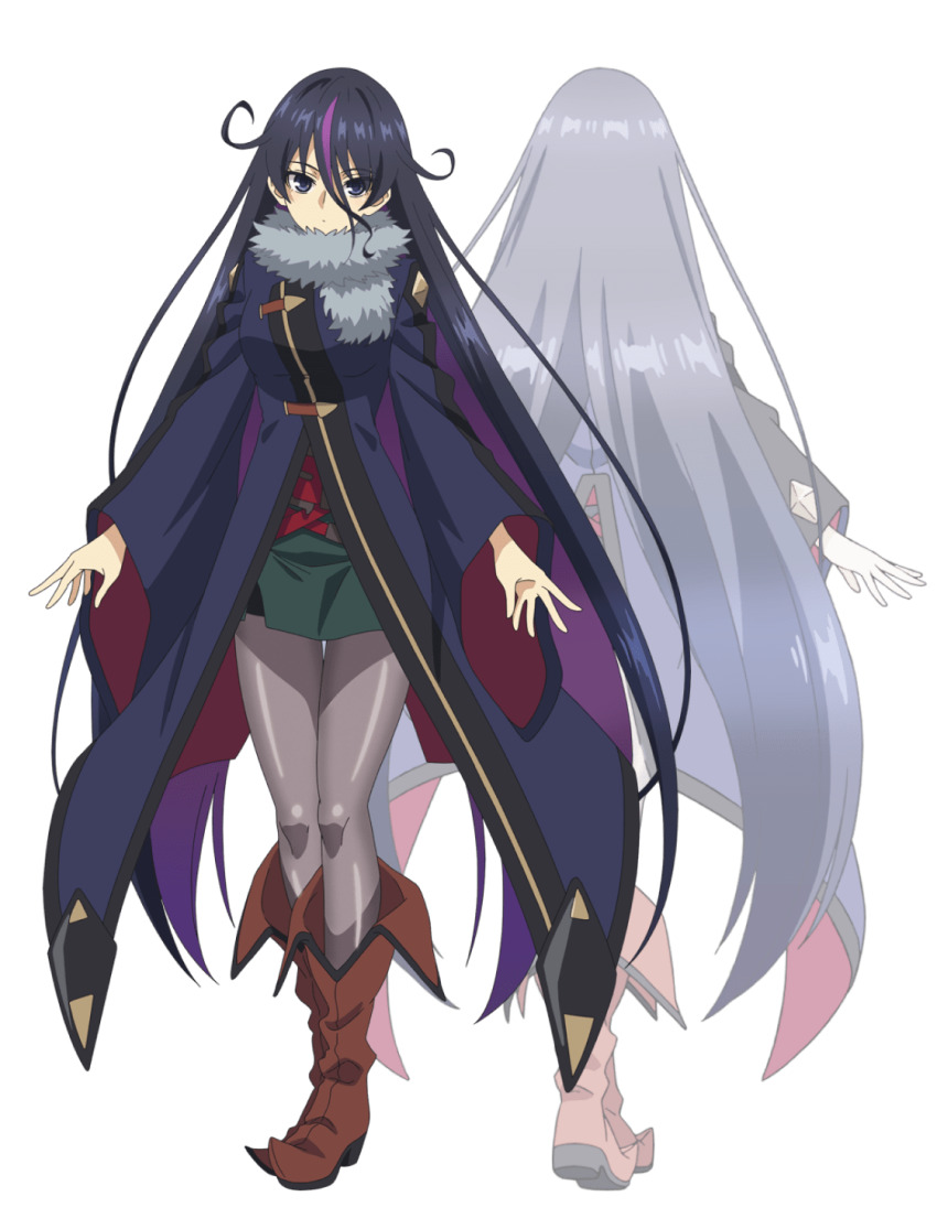 2girls, anime_coloring, back, black_hair, blue_eyes, boots, breasts, brown_boots