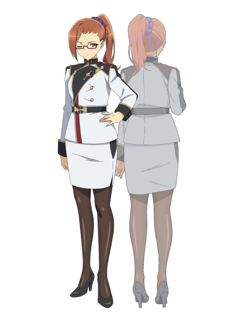 1girl, anime_coloring, back, belt, black_belt, black_pantyhose, breasts, brown_hair, closed_mouth, eva_renfield, full_body, glasses, hair_ornament, hair_scrunchie, hairclip, high_heels, highres, isouchi_yuusuke, jacket, large_breasts, long_hair, long_sleeves, looking_at_viewer, multiple_girls, multiple_views, nageki_no_bourei_wa_intaishitai, official_art, one_eye_closed, pantyhose, pencil_skirt, ponytail, purple_eyes, purple_hair, purple_scrunchie, scrunchie, secretary, shiny_clothes, short_hair, simple_background, skirt, standing, transparent_background, white_jacket, white_skirt