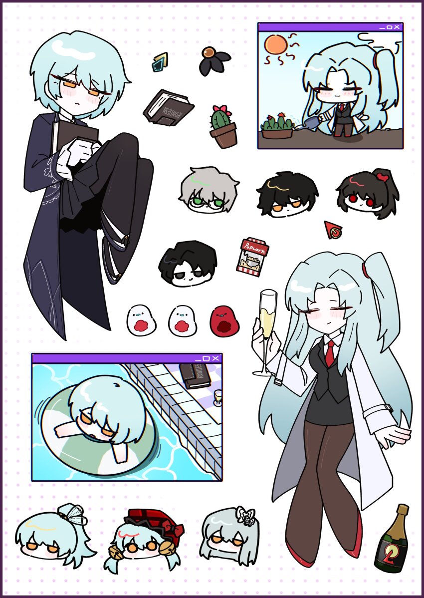 2girls, 3boys, absurdres, alcohol, angela_(project_moon), ascot, ayin_(project_moon), bell