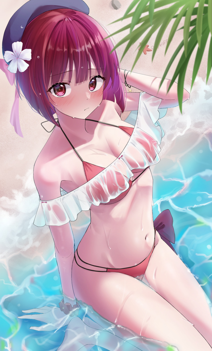 1girl, absurdres, arima_kana, beret, bikini, blue_hat, blush, breasts