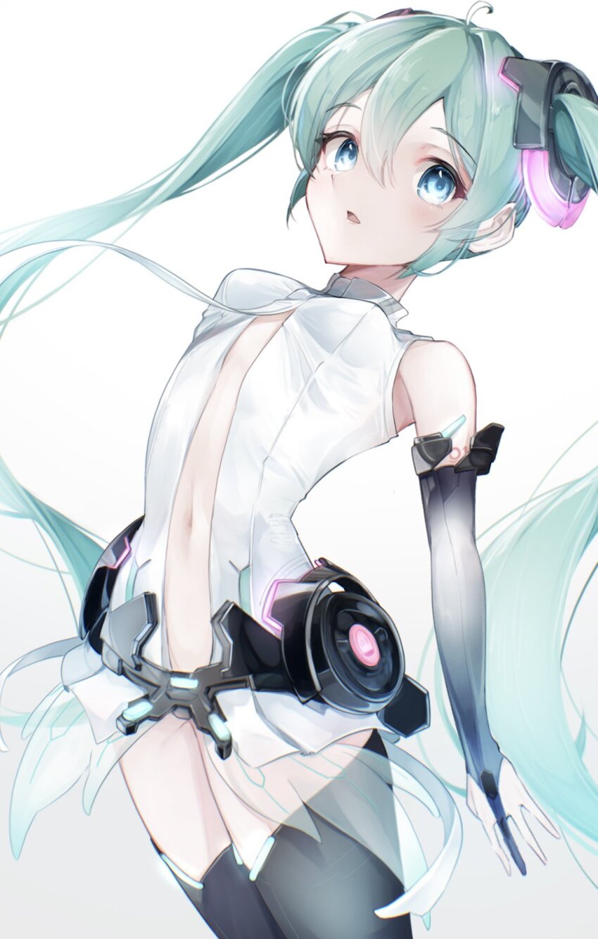 1girl, ahoge, arm_tattoo, bare_shoulders, belt, black_thighhighs, blue_eyes, breasts