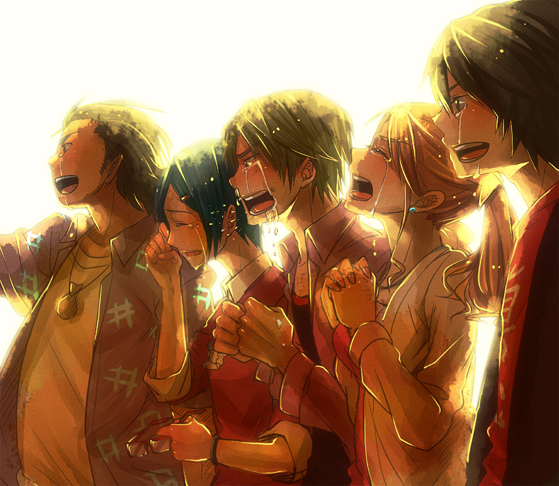 10s, 2girls, 3boys, anjou_naruko, ano_hi_mita_hana_no_namae_wo_bokutachi_wa_mada_shiranai., bloom, group_picture, group_profile, hair_ornament, hairclip, hasumi_fumi, hisakawa_tetsudou, lineup, matsuyuki_atsumu, multiple_boys, multiple_girls, open_mouth, pig_7, profile, spoilers, sunrise, tears, tsurumi_chiriko, yadomi_jinta