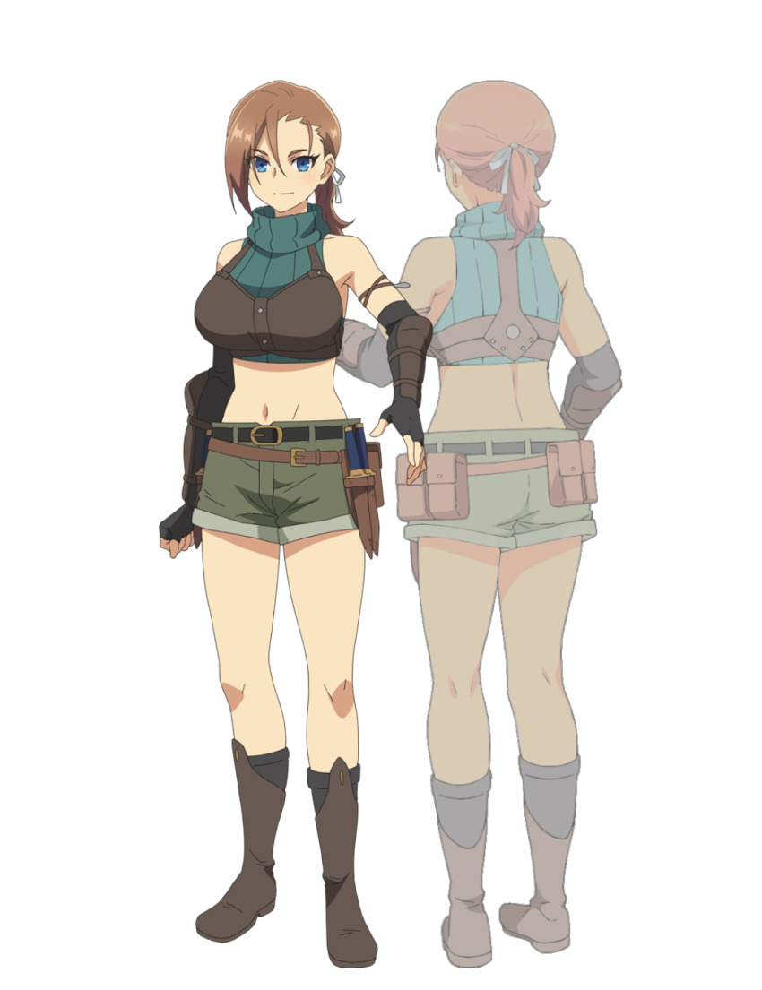 2girls, anime_coloring, arm_armor, armor, back, bare_shoulders, belt, belt_pouch