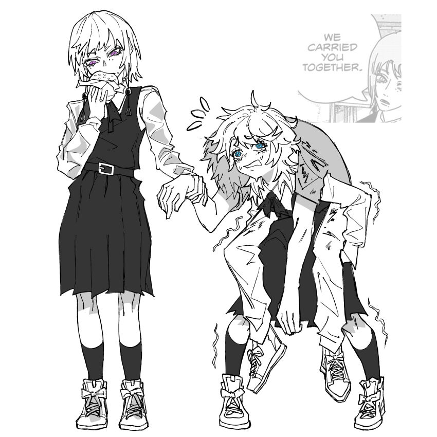 1boy, 2girls, absurdres, blue_eyes, burger, chainsaw_man, collared_shirt, comic_panel_inset