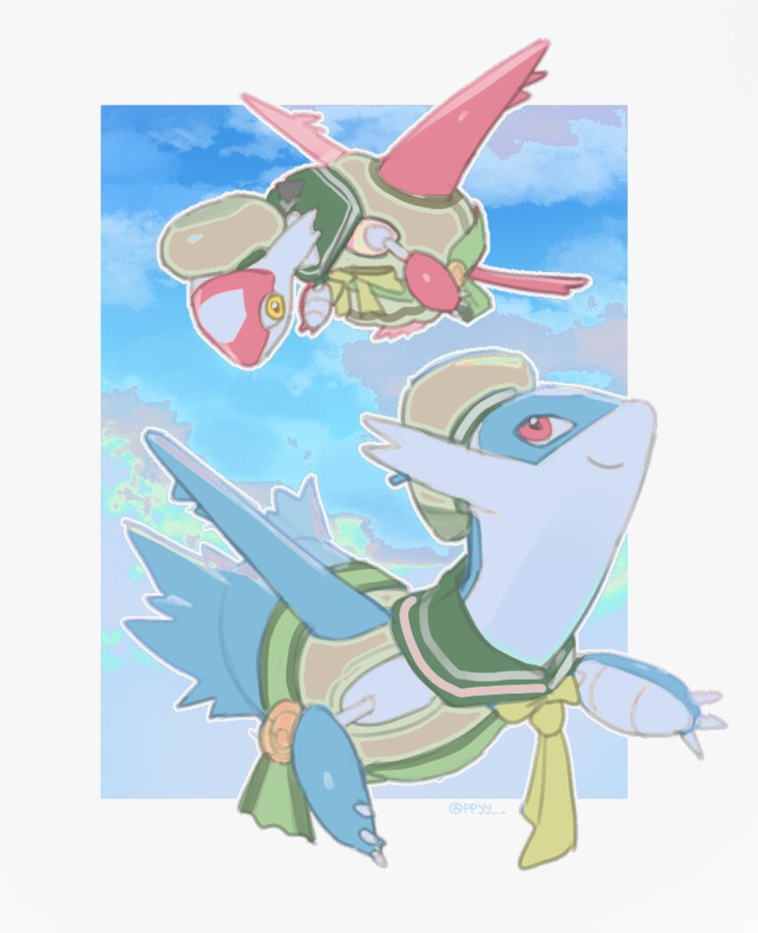 blue_sky, bow, claws, closed_mouth, clothed_pokemon, cloud, day, dragon, flying, gen_3_pokemon, hat, highres, latias, latias_(marine), latios, latios_(marine), legendary_pokemon, neckerchief, nintendo, no_humans, outdoors, pokemon, pokemon_(creature), pokemon_unite, ppoppy, red_eyes, shirt, sky, smile, wings, yellow_eyes, yellow_neckerchief
