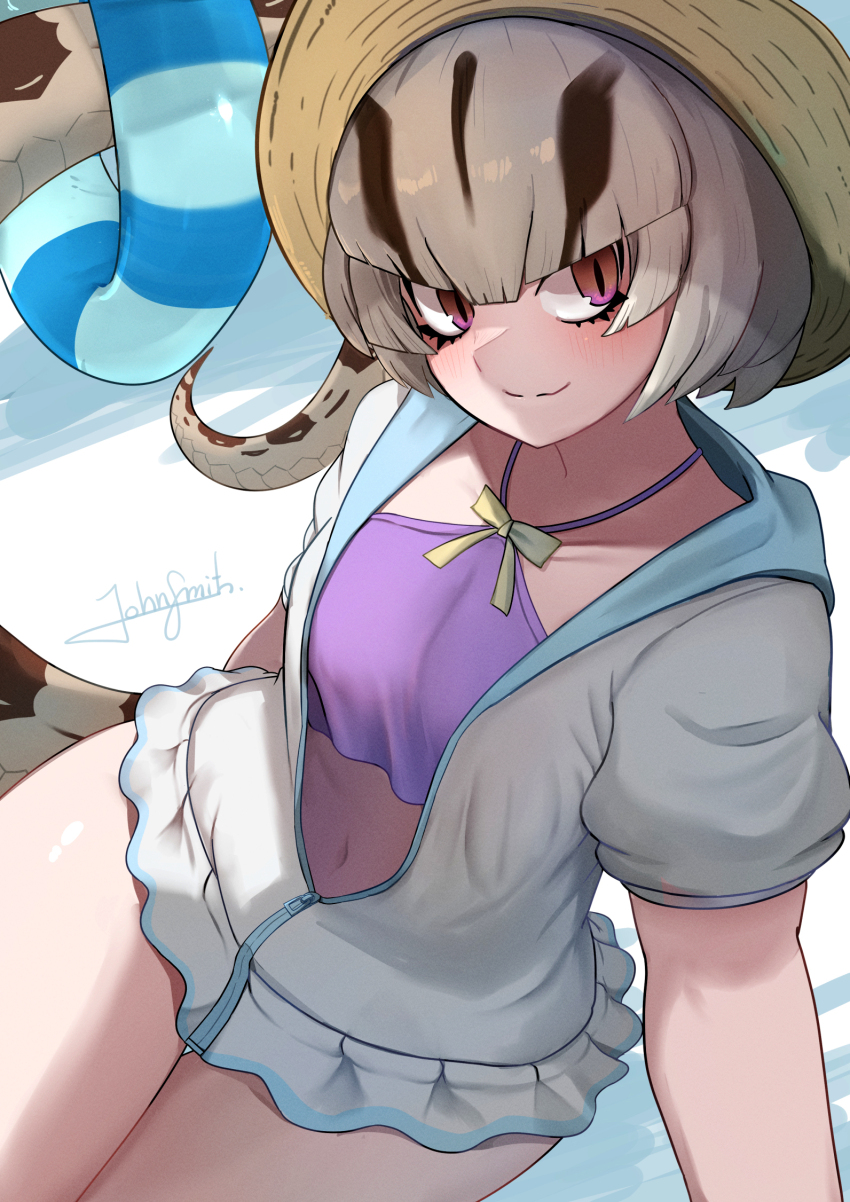 1girl, bare_legs, bikini, blush, boa_constrictor_(kemono_friends), bow, bowtie, brown_hair, collared_shirt, frilled_bikini, frilled_hoodie, frills, grey_hair, grey_sweater, hair_between_eyes, highres, hood, hood_down, innertube, john_(a2556349), kemono_friends, kemono_friends_3, looking_at_viewer, midriff_peek, multicolored_hair, navel, official_alternate_costume, pink_eyes, purple_bikini, shirt, short_sleeves, sidelocks, sitting, slit_pupils, smile, snake_girl, snake_print, snake_tail, solo, spaghetti_strap, sweater, swim_ring, swimsuit, tail, two-tone_hair, yellow_bow, yellow_bowtie