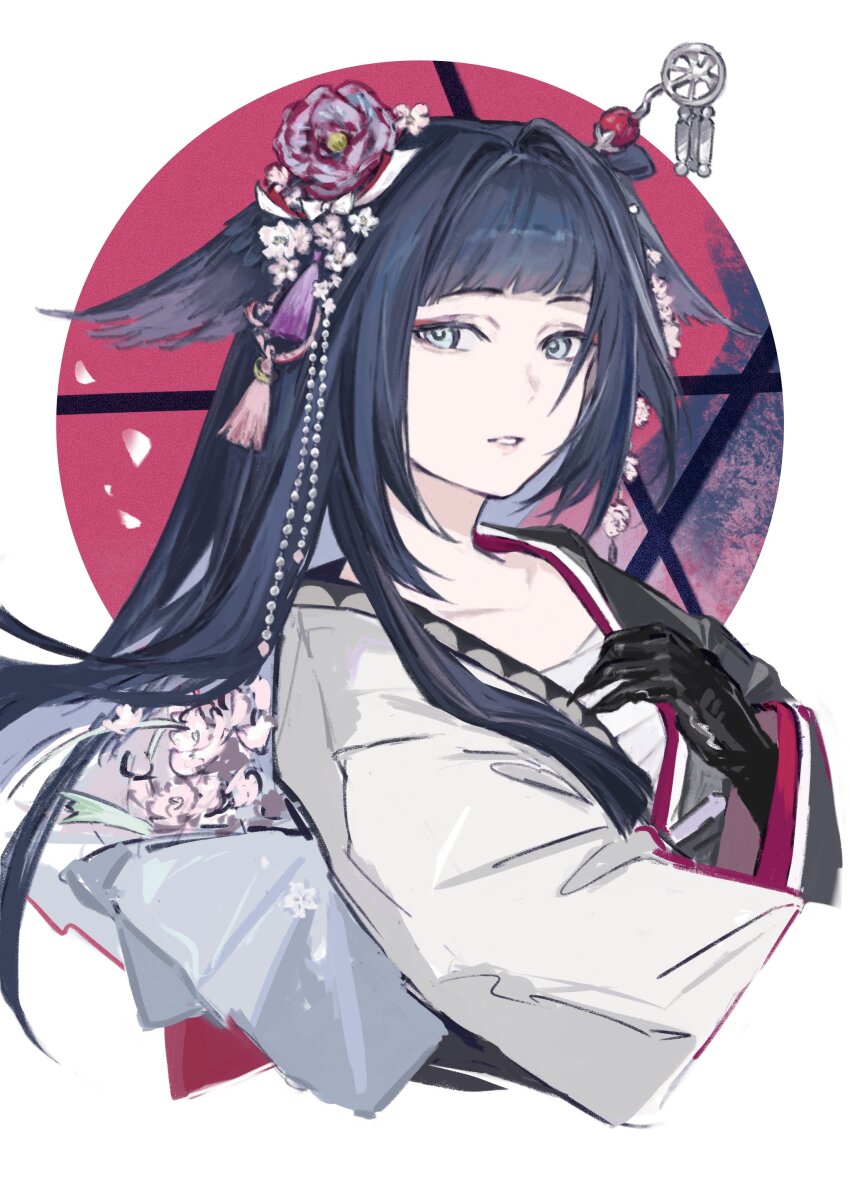 1girl, absurdres, arknights, black_hair, black_kimono, blue_eyes, flower, hair_flower