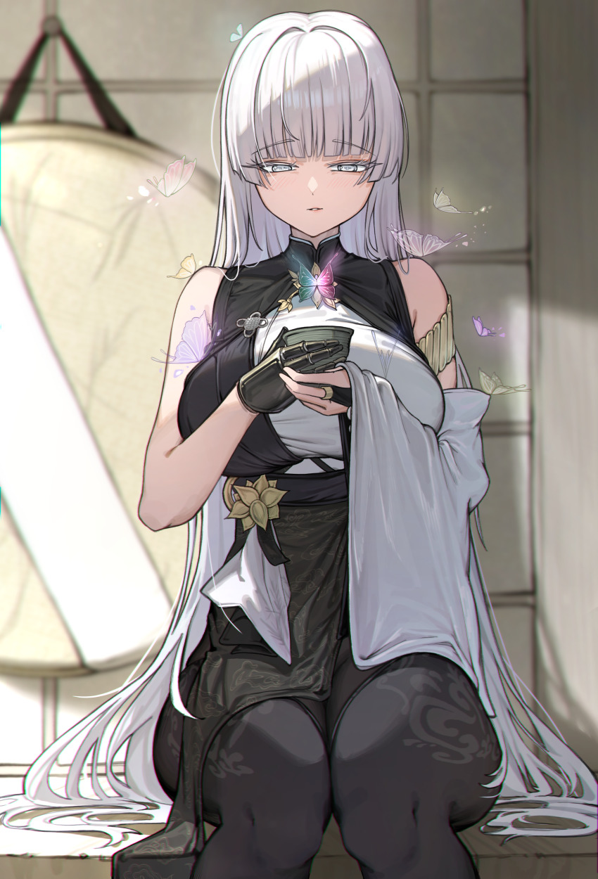 1girl, absurdres, black_pantyhose, breasts, bug, butterfly, goddess_of_victory:_nikke, grey_hair