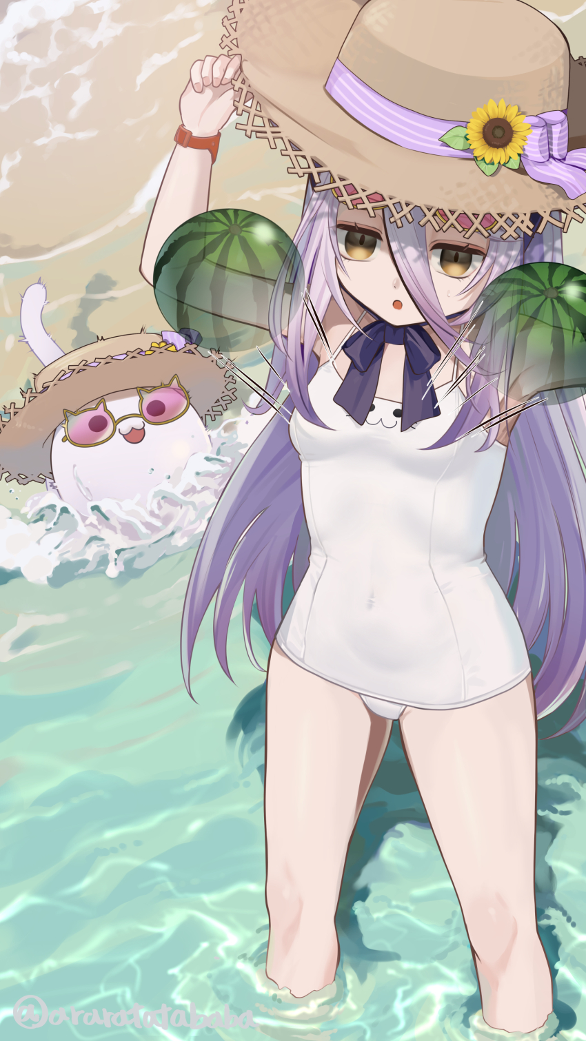 1girl, absurdres, beach, breasts, food, fruit, grey_hair, hair_between_eyes