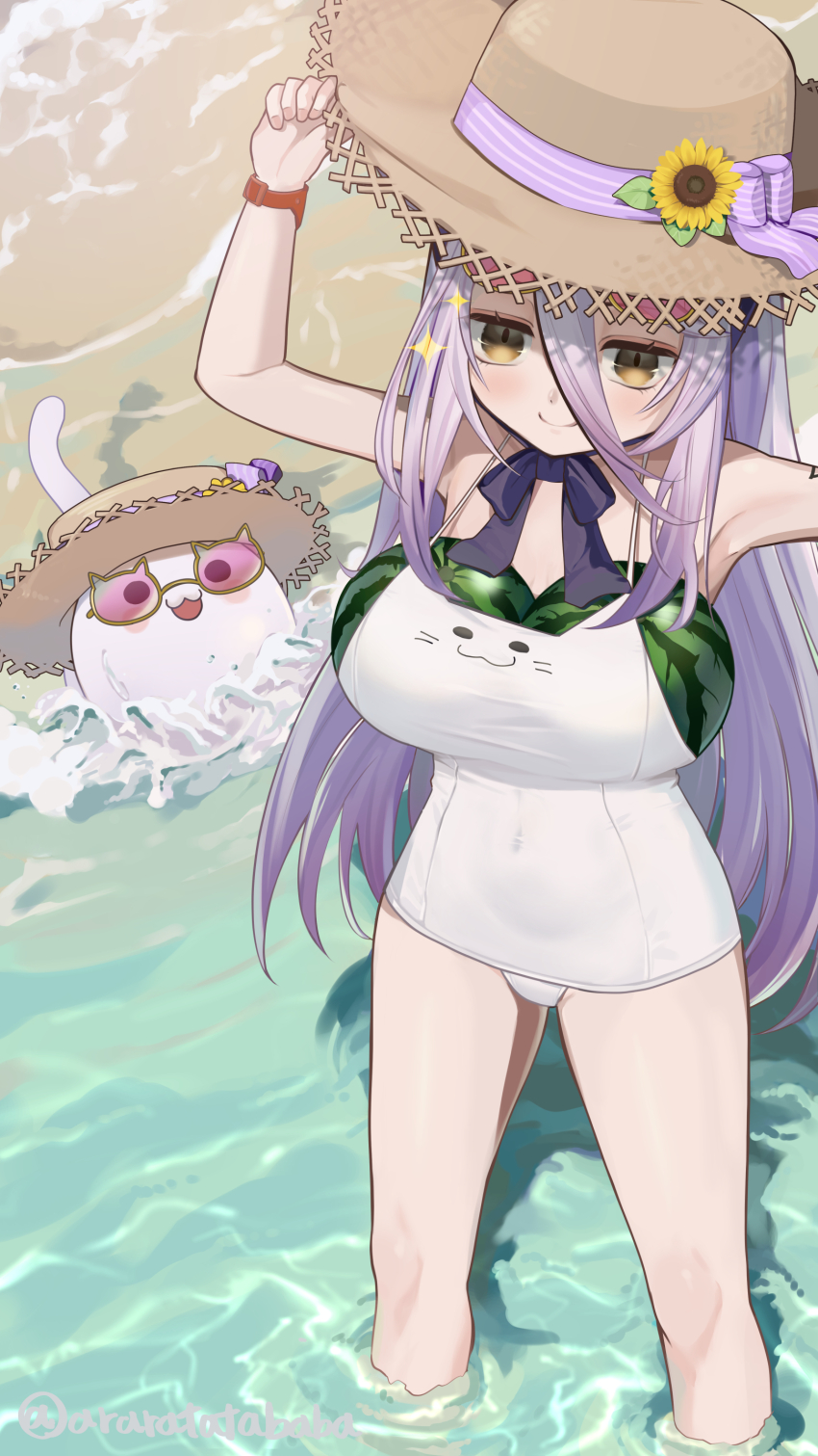 1girl, absurdres, beach, breasts, closed_mouth, food, fruit, grey_hair