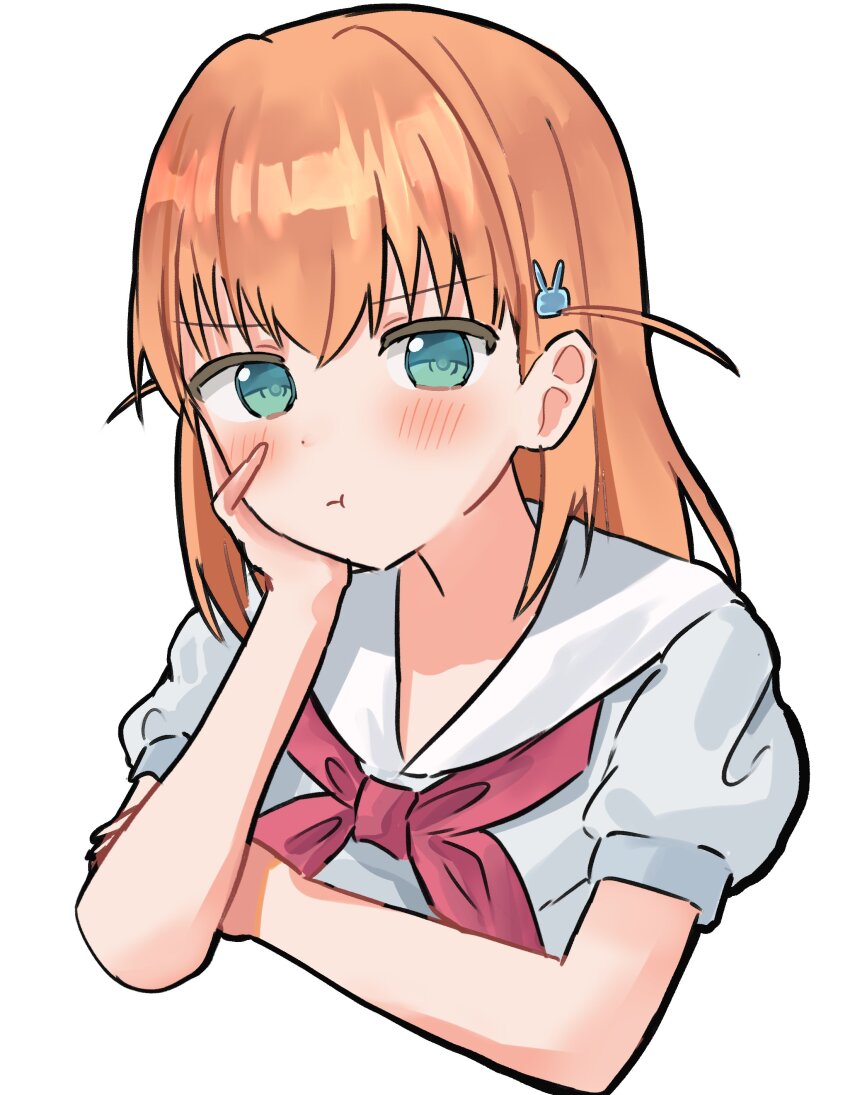 1girl, :t, absurdres, arm_support, cropped_torso, dress, hair_ornament, hand_on_own_cheek