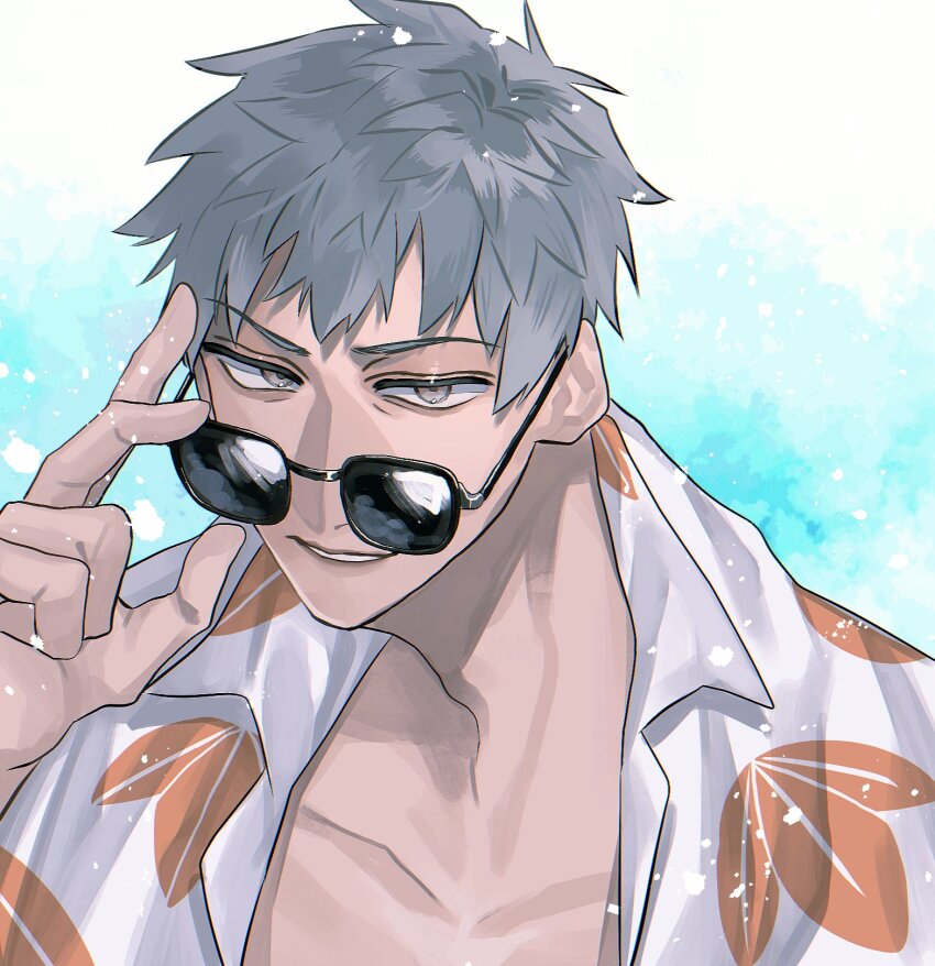 1boy, adjusting_eyewear, collared_shirt, fate/grand_order, fate_(series), grey_eyes, grey_hair, hawaiian_shirt