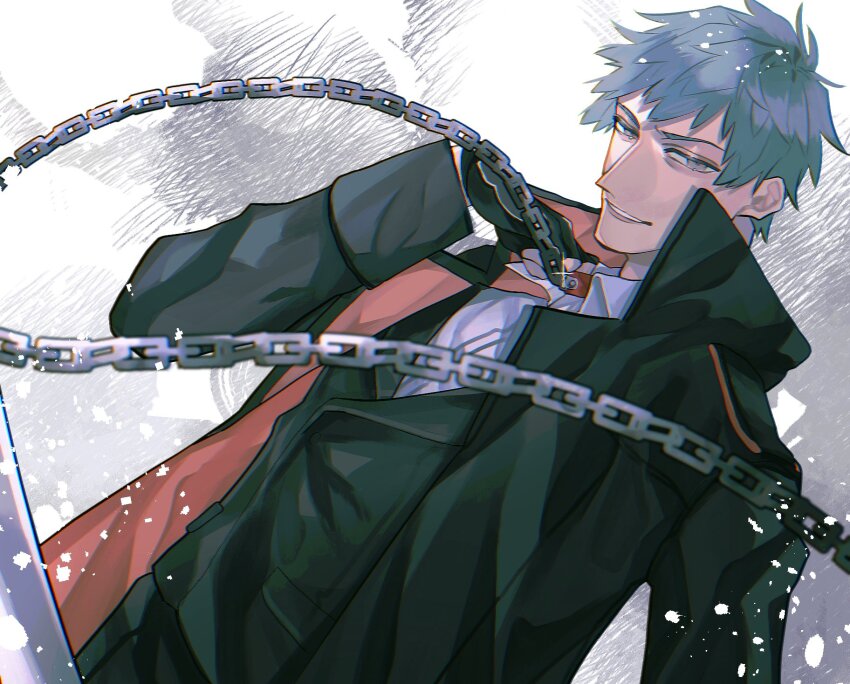 1boy, black_gloves, black_jacket, black_vest, chain, collared_shirt, dutch_angle, fate/grand_order