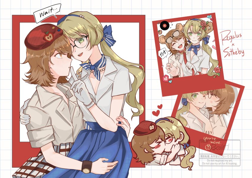 2girls, :>, ;), ^_^, absurdres, animal_ears, arms_around_neck, artist_name