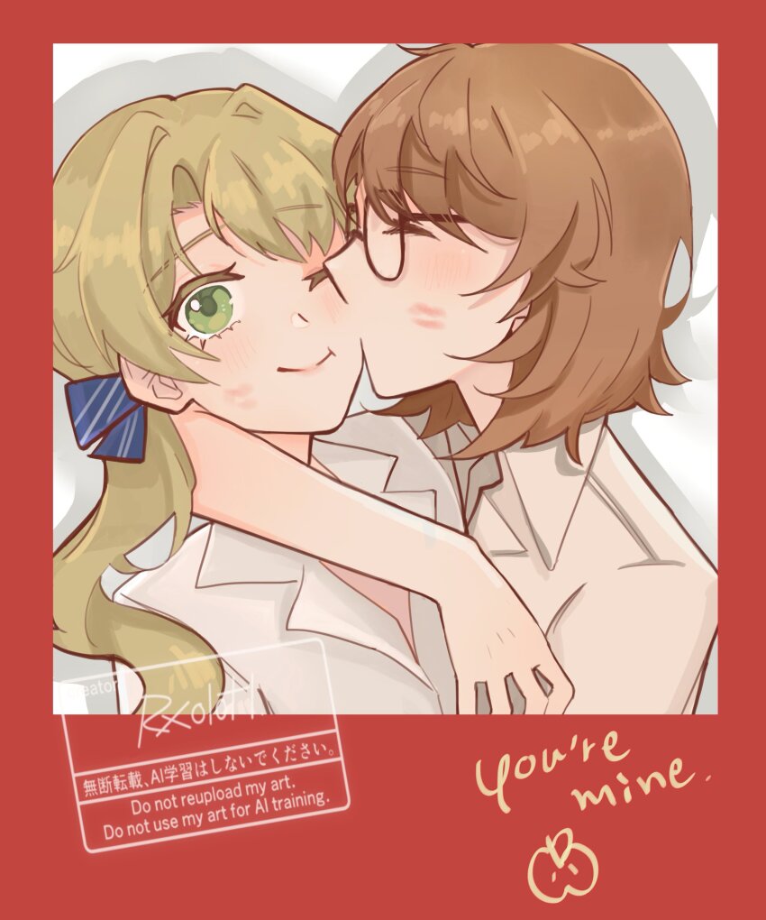 2girls, ;), absurdres, arms_around_neck, artist_name, blonde_hair, blue_bow, border, bow, brown_hair, english_text, glasses, green_eyes, hair_bow, highres, kiss, kissing_cheek, lipstick_mark, lipstick_mark_on_face, long_hair, looking_at_viewer, low_twintails, multiple_girls, official_alternate_costume, one_eye_closed, outside_border, ratanan, red_border, regulus_(reverse:1999), reverse:1999, shirt, short_hair, short_sleeves, smile, sotheby, sotheby_(lawson), twintails, upper_body, watermark, white_background, white_shirt, yuri