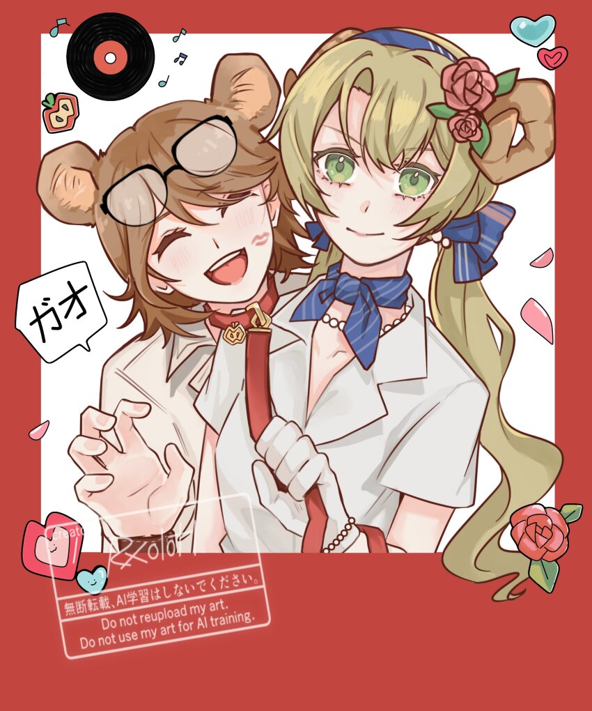 2girls, :>, ^_^, absurdres, animal_ears, artist_name, blonde_hair, blue_bow