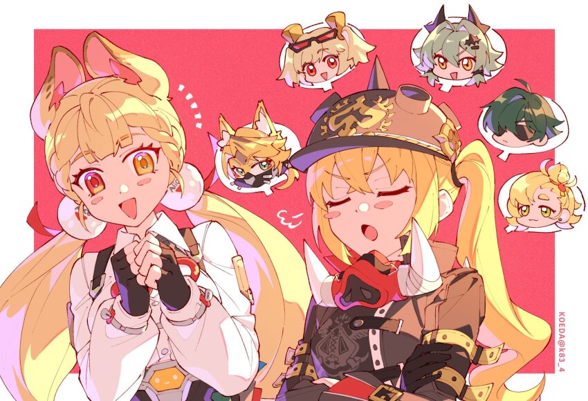 2girls, :3, alice_thymefield, animal_ears, black_gloves, black_jacket, blonde_hair, blush