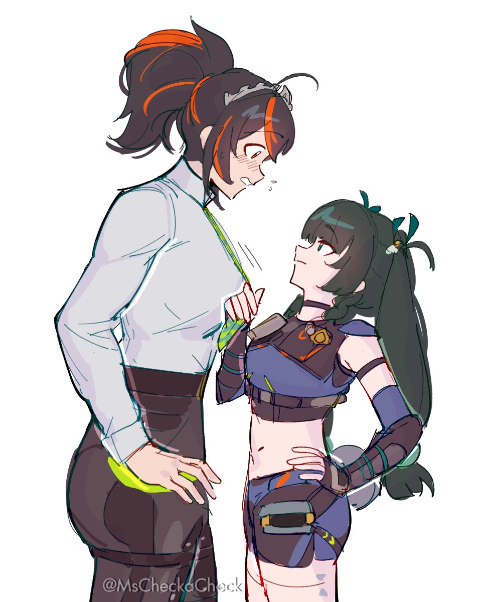 2girls, black_hair, blunt_bangs, blush, clothes_grab, cowboy_shot, from_side, green_eyes, green_hair, hair_between_eyes, hand_on_own_hip, highres, long_hair, looking_at_another, looking_down, mscheckacheck, multicolored_hair, multiple_girls, navel, necktie, necktie_grab, neckwear_grab, orange_hair, qingyi_(zenless_zone_zero), sidelocks, simple_background, standing, streaked_hair, two-tone_hair, white_background, yuri, zenless_zone_zero, zhu_yuan