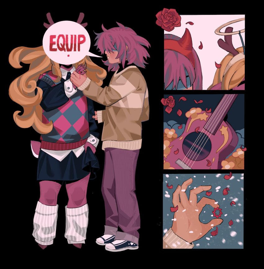 1girl, 1other, black_pants, black_shirt, black_shoes, black_skirt, blonde_hair, brown_hair, brown_horns, collared_shirt, covered_face, deltarune, english_text, fake_halo, fake_horns, flower, green_sweater, guitar, hairband, halo, highres, holding, holding_jewelry, holding_ring, horn_hairband, horns, instrument, jewelry, kris_(deltarune), leg_warmers, long_hair, mimi_(mourninglamby), noelle_holiday, pants, petals, red_flower, red_hairband, red_horns, red_petals, red_rose, ring, rose, shirt, shoes, short_hair, single_horizontal_stripe, skirt, snow, speech_bubble, striped_clothes, striped_sweater, sweater, thorn_ring_(deltarune), turtleneck, turtleneck_shirt, utdr_(toby_fox), very_long_hair, weird_route_(deltarune), white_leg_warmers, white_shirt