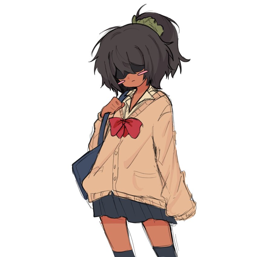 1other, alternate_costume, alternate_skin_color, bag, black_bag, black_hair, black_skirt, black_socks, blush_stickers, bow, brown_cardigan, cardigan, commentary, deltarune, english_commentary, green_scrunchie, gyaru, hair_ornament, hair_over_eyes, hair_scrunchie, highres, kneehighs, kris_(deltarune), long_sleeves, other_focus, ponytail, red_bow, roro_(roromiie206), scrunchie, shirt, short_ponytail, shoulder_bag, skirt, socks, solo, utdr_(toby_fox), white_shirt