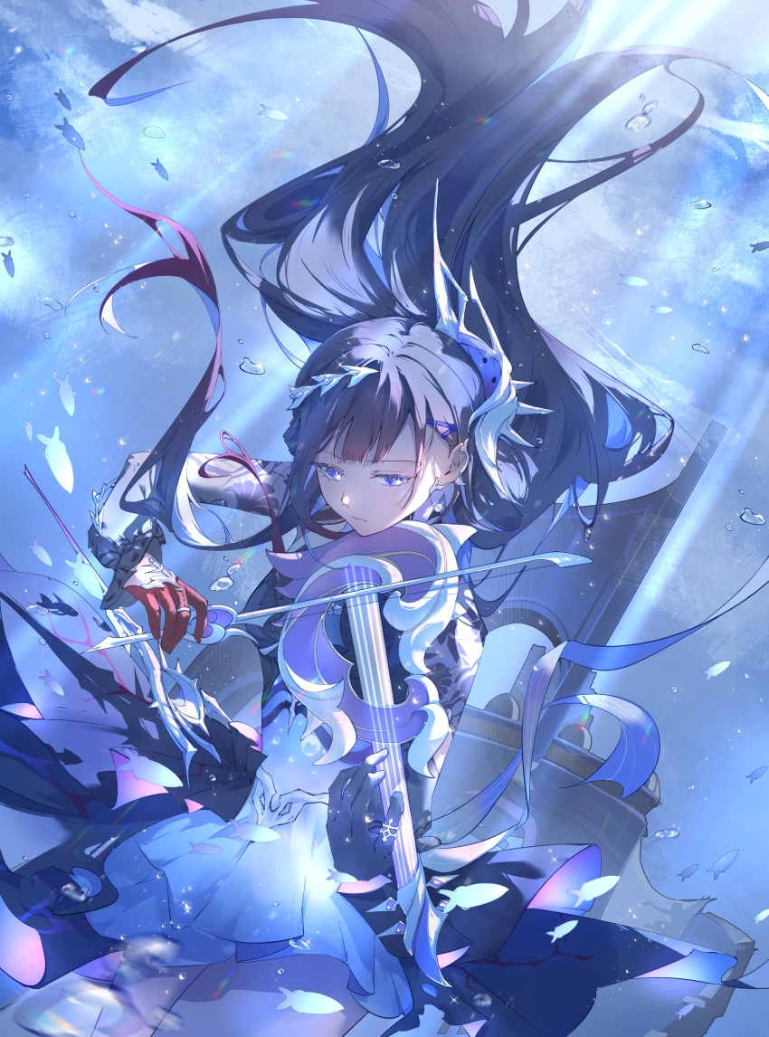 1girl, absurdres, arcturus-a, asymmetrical_gloves, black_gloves, black_hair, blue_dress, blue_eyes