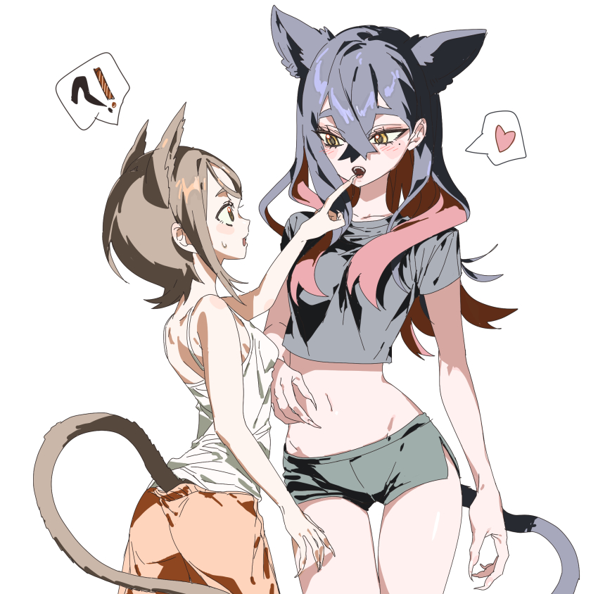 !?, 2girls, 5oh5s2, animal_ears, black_hair, black_shirt, blush, breasts
