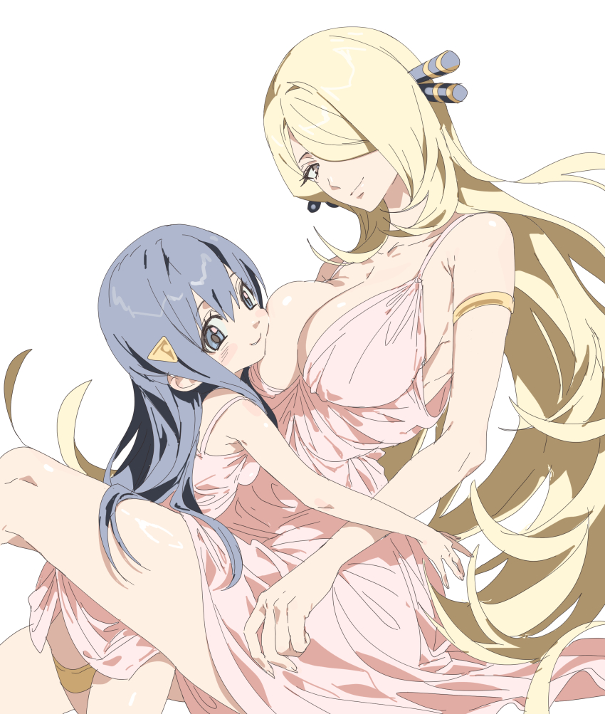 2girls, 5oh5s2, absurdres, alternate_costume, armlet, bare_shoulders, blonde_hair, blue_eyes, blue_hair, blush, breasts, cleavage, closed_mouth, cynthia_(pokemon), dawn_(pokemon), dress, face_to_breasts, hair_ornament, hair_over_one_eye, highres, jewelry, large_breasts, long_hair, looking_at_viewer, multiple_girls, nintendo, pink_dress, pokemon, pokemon_diamond/pearl/platinum, simple_background, sleeveless, sleeveless_dress, small_breasts, thigh_strap, very_long_hair, white_background