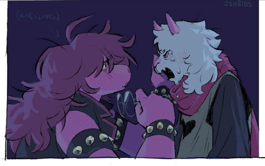 1boy, 1girl, animal_ears, armlet, bracelet, closed_eyes, colored_skin, commentary, crying, deltarune, english_commentary, english_text, fangs, furry, furry_female, furry_male, glasses, goat_ears, goat_horns, green_robe, hand_on_another's_face, highres, holding, holding_removed_eyewear, horns, jallly, jewelry, long_hair, open_mouth, pink_horns, pink_scarf, purple_hair, purple_skin, ralsei, robe, scarf, signature, spiked_armlet, spiked_bracelet, spikes, susie_(dark_world)_(deltarune), susie_(deltarune), tears, unworn_eyewear, utdr_(toby_fox), white_fur