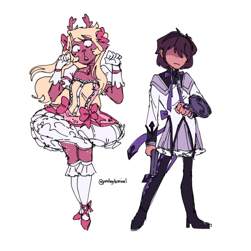 1girl, 1other, akemi_homura, akemi_homura_(cosplay), akemi_homura_(magical_girl), animal_ears, antlers, apollo_(postingterminal), black_boots, black_hairband, blonde_hair, boots, brown_hair, commentary, cosplay, deer_antlers, deer_ears, deer_girl, deltarune, dress, english_commentary, full_body, furry, furry_female, gloves, hairband, highres, horns, kaname_madoka, kaname_madoka_(cosplay), kaname_madoka_(magical_girl), kneehighs, kris_(deltarune), long_hair, magical_girl, mahou_shoujo_madoka_magica, noelle_holiday, open_mouth, pink_dress, pink_shoes, purple_skirt, shoes, short_hair, skirt, socks, thigh_boots, twitter_username, utdr_(toby_fox), very_long_hair, white_dress, white_gloves, white_socks, yellow_dress