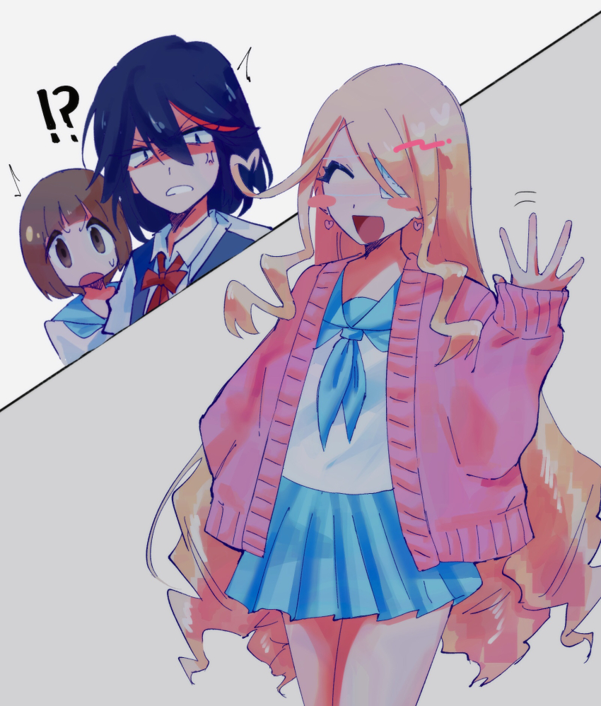 !?, 3girls, ^_^, black_hair, blonde_hair, blue_eyes, blue_neckerchief, blue_sailor_collar, blue_skirt, brown_eyes, brown_hair, closed_eyes, earrings, hair_down, harime_nui, heart, heart_earrings, highres, honnoji_academy_school_uniform, jacket, jewelry, kill_la_kill, ktg10kn, long_hair, mankanshoku_mako, matoi_ryuuko, multiple_girls, neckerchief, pink_jacket, pleated_skirt, red_streaks, sailor_collar, school_uniform, short_hair, skirt, surprised, waving