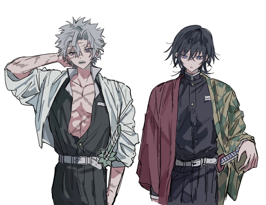 2boys, absurdres, alternate_hair_length, alternate_hairstyle, belt, black_hair, cowboy_shot, demon_slayer_uniform