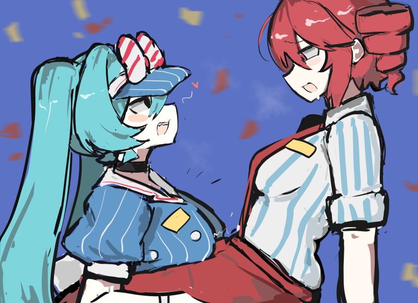 2girls, alternate_breast_size_(larger), aqua_hair, aroused, black_choker, black_eyes, blue_background, blue_shirt