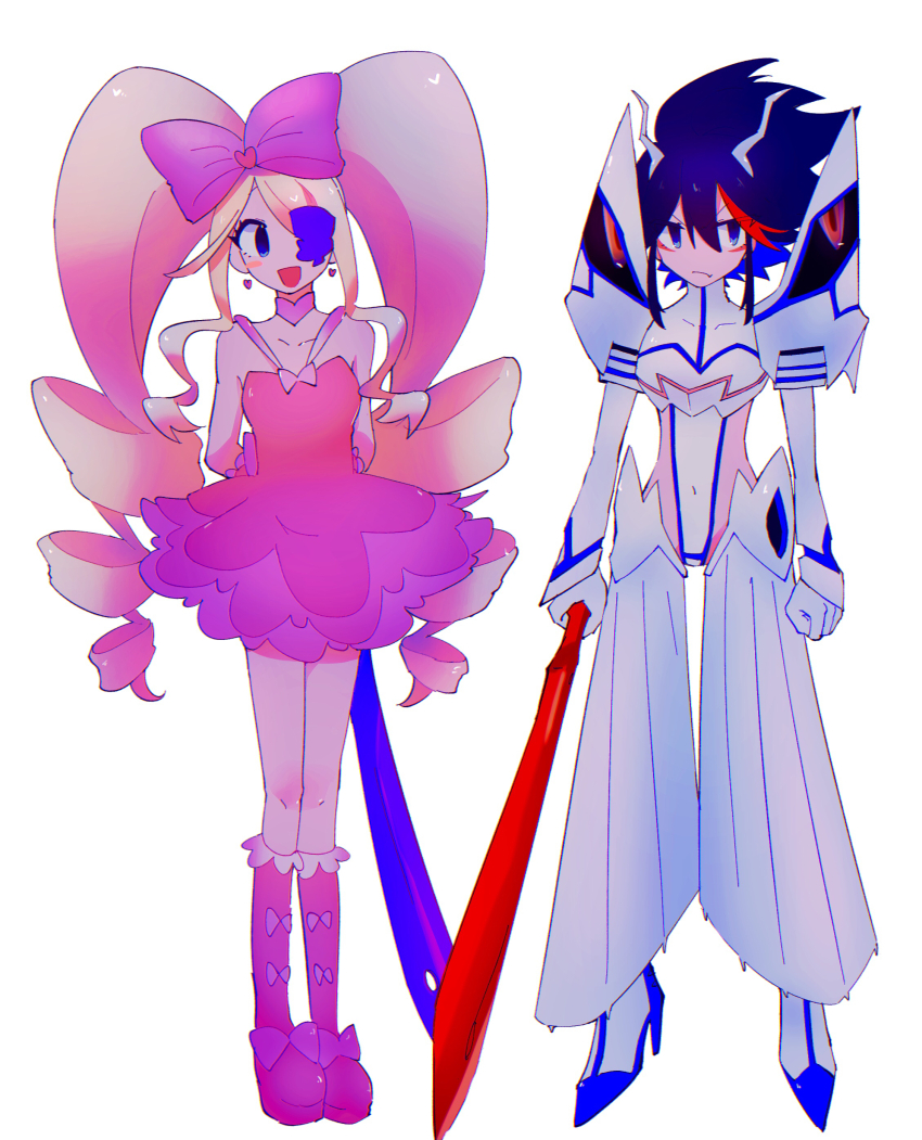 2girls, absurdres, arms_behind_back, blonde_hair, blue_eyes, boots, bow, breasts