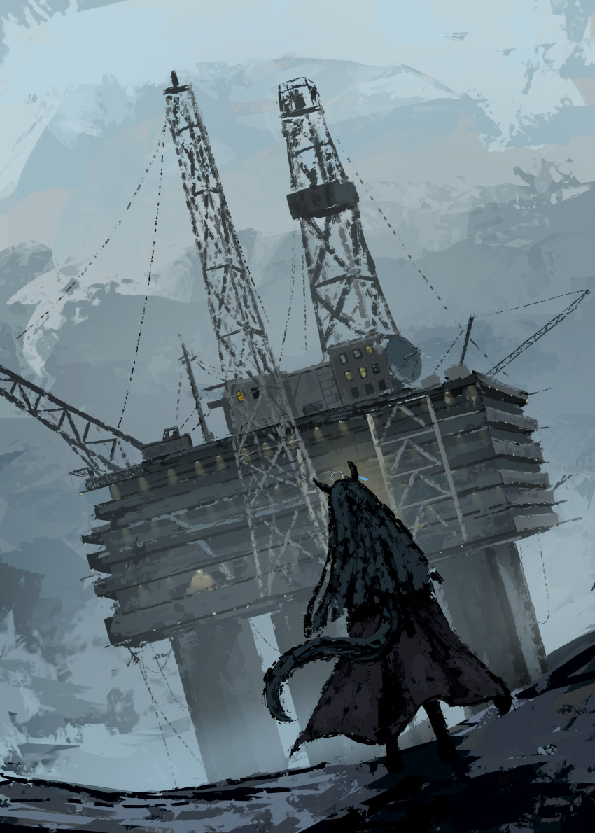1girl, absurdres, animal_ears, black_hair, cloud, cloudy_sky, drilling_rig, ear_piercing