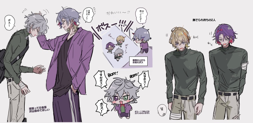 2boys, absurdres, anger_vein, bag, bandages, belt, black_shirt, blonde_hair